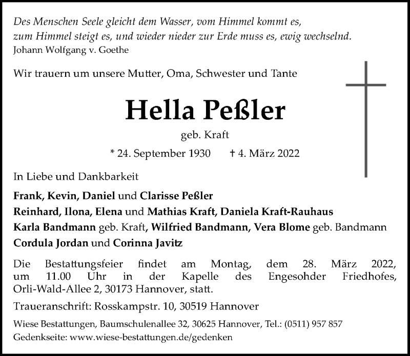  Traueranzeige für Hella Peßler vom 19.03.2022 aus Hannoversche Allgemeine Zeitung/Neue Presse