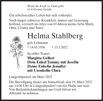 Traueranzeige von Helma Stahlberg von Märkischen Allgemeine Zeitung