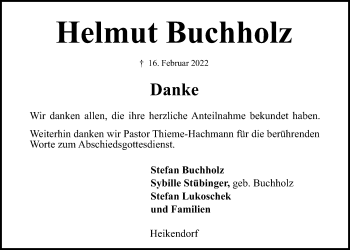 Traueranzeige von Helmut Buchholz von Kieler Nachrichten