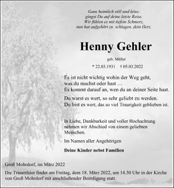 Traueranzeige von Henny Gehler von Ostsee-Zeitung GmbH