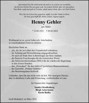 Traueranzeige von Henny Gehler von Ostsee-Zeitung GmbH