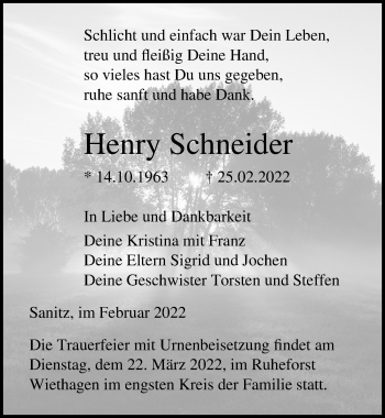 Traueranzeige von Henry Schneider von Ostsee-Zeitung GmbH
