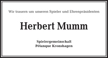 Traueranzeige von Herbert Mumm von Kieler Nachrichten