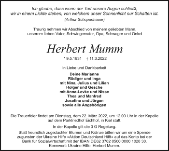 Traueranzeige von Herbert Mumm von Kieler Nachrichten