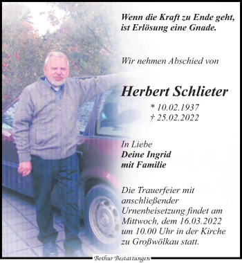 Traueranzeige von Herbert Schlieter von Leipziger Volkszeitung