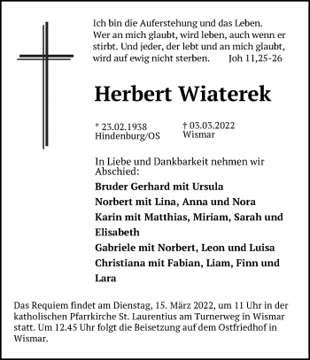 Traueranzeige von Herbert Wiaterek von Ostsee-Zeitung GmbH