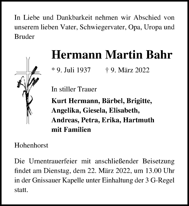  Traueranzeige für Hermann Martin Bahr vom 19.03.2022 aus Lübecker Nachrichten