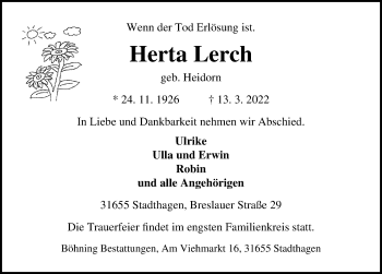 Traueranzeige von Herta Lerch von Schaumburger Nachrichten