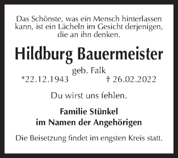 Traueranzeige von Hildburg Bauermeister von Hannoversche Allgemeine Zeitung/Neue Presse