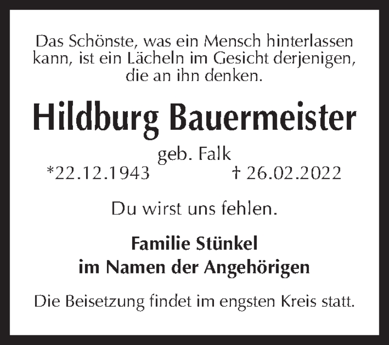  Traueranzeige für Hildburg Bauermeister vom 26.03.2022 aus Hannoversche Allgemeine Zeitung/Neue Presse