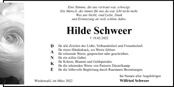 Traueranzeige von Hilde Schweer von Schaumburger Nachrichten