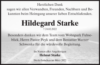 Traueranzeige von Hildegard Starke von Peiner Allgemeine Zeitung