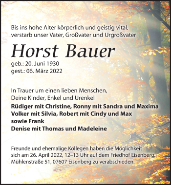 Traueranzeige von Horst Bauer von Leipziger Volkszeitung