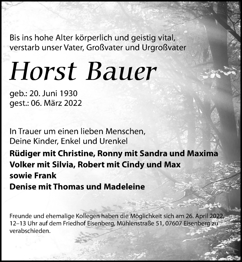  Traueranzeige für Horst Bauer vom 12.03.2022 aus Leipziger Volkszeitung