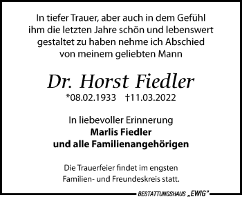 Traueranzeige von Horst Fiedler von Leipziger Volkszeitung