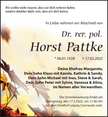 Traueranzeige von Horst Pattke von Leipziger Volkszeitung