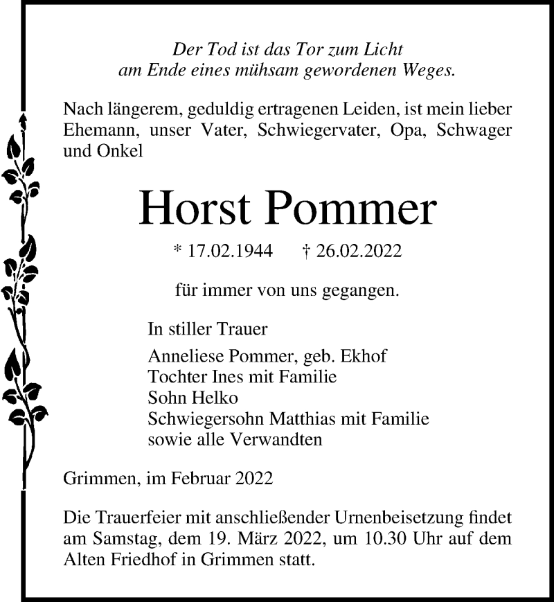  Traueranzeige für Horst Pommer vom 05.03.2022 aus Ostsee-Zeitung GmbH