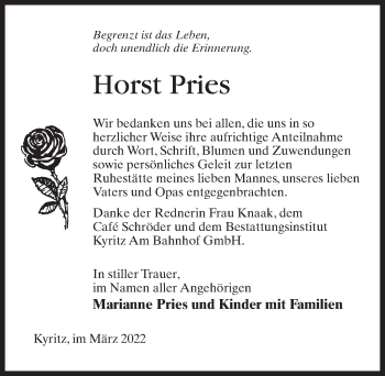 Traueranzeige von Horst Pries von Märkischen Allgemeine Zeitung