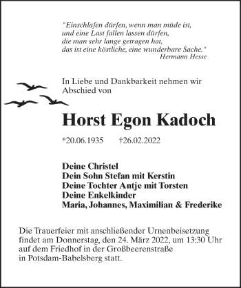 Traueranzeige von Horst Egon Kadoch von Märkischen Allgemeine Zeitung