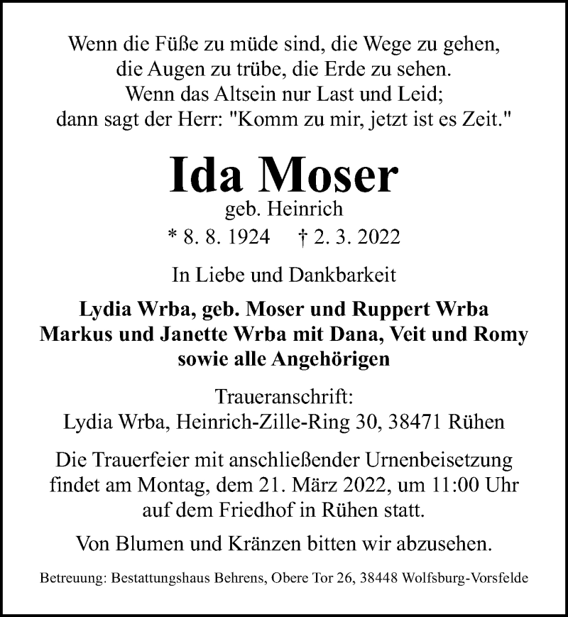  Traueranzeige für Ida Moser vom 05.03.2022 aus Aller Zeitung