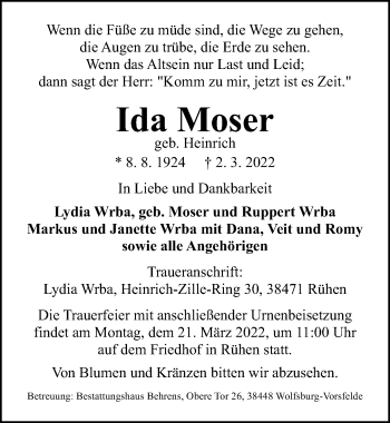 Traueranzeige von Ida Moser von Aller Zeitung