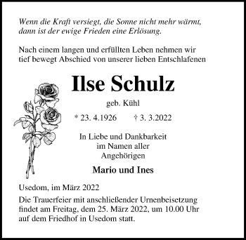 Traueranzeige von Ilse Schulz von Ostsee-Zeitung GmbH