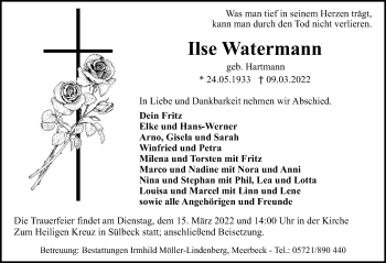 Traueranzeige von Ilse Watermann von Schaumburger Nachrichten