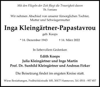 Traueranzeige von Inga Kleingärtner-Papastavrou von Hannoversche Allgemeine Zeitung/Neue Presse