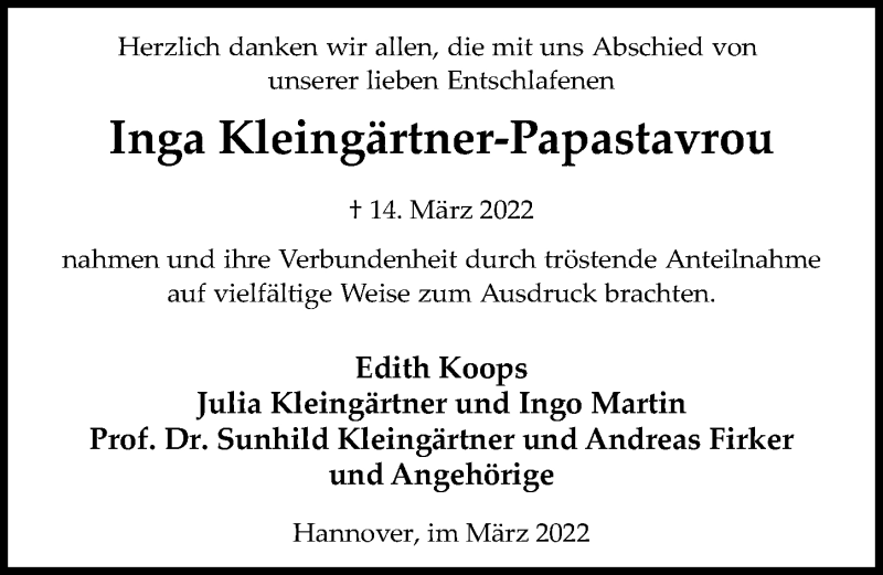  Traueranzeige für Inga Kleingärtner-Papastavrou vom 26.03.2022 aus Hannoversche Allgemeine Zeitung/Neue Presse