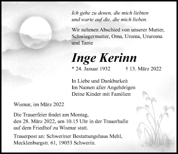 Traueranzeige von Inge Kerinn von Ostsee-Zeitung GmbH
