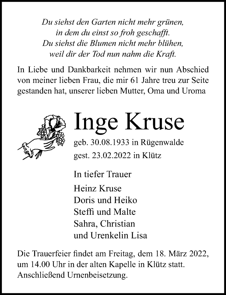 Traueranzeigen von Inge Kruse | trauer-anzeigen.de