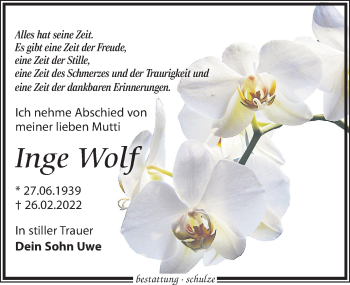 Traueranzeige von Inge Wolf von Leipziger Volkszeitung