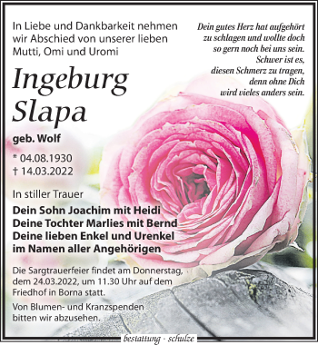 Traueranzeige von Ingeburg Slapa von Leipziger Volkszeitung