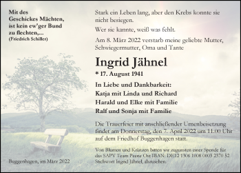 Traueranzeige von Ingrid Jähnel von Ostsee-Zeitung GmbH