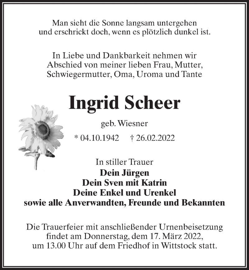  Traueranzeige für Ingrid Scheer vom 05.03.2022 aus Märkischen Allgemeine Zeitung