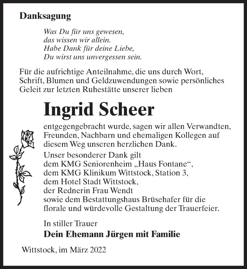  Traueranzeige für Ingrid Scheer vom 26.03.2022 aus Märkischen Allgemeine Zeitung