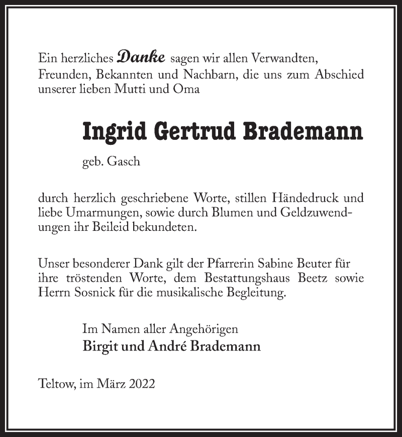  Traueranzeige für Ingrid Gertrud Brademann vom 11.03.2022 aus Märkischen Allgemeine Zeitung