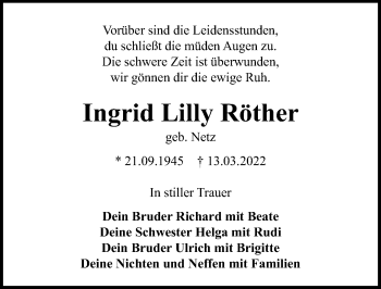 Traueranzeige von Ingrid Lilly Röther von Lübecker Nachrichten