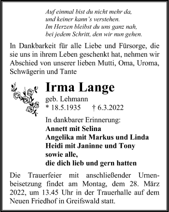 Traueranzeige von Irma Lange von Ostsee-Zeitung GmbH