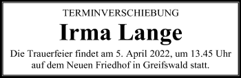 Traueranzeige von Irma Lange von Ostsee-Zeitung GmbH