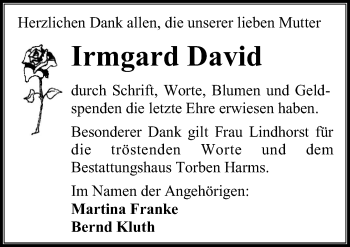Traueranzeige von Irmgard David von Ostsee-Zeitung GmbH