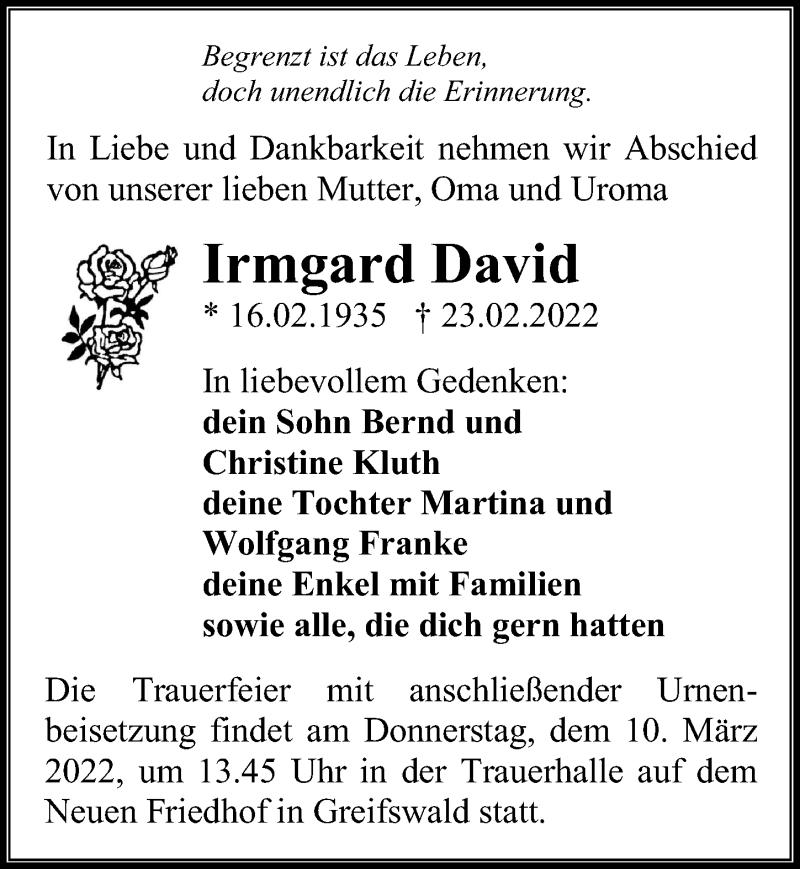  Traueranzeige für Irmgard David vom 05.03.2022 aus Ostsee-Zeitung GmbH
