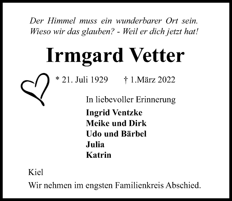  Traueranzeige für Irmgard Vetter vom 05.03.2022 aus Kieler Nachrichten