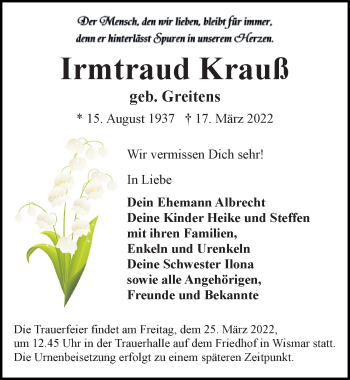 Traueranzeige von Irmtraud Krauß von Ostsee-Zeitung GmbH