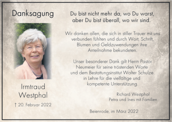Traueranzeige von Irmtraud Wesphal von Aller Zeitung