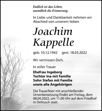 Traueranzeige von Joachim Kappelle von Leipziger Volkszeitung