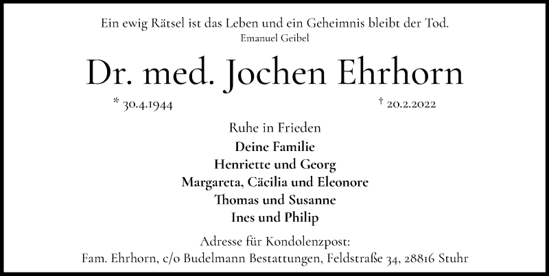  Traueranzeige für Jochen Ehrhorn vom 05.03.2022 aus Hannoversche Allgemeine Zeitung/Neue Presse