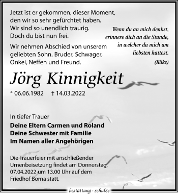 Traueranzeige von Jörg Kinnigkeit von Leipziger Volkszeitung