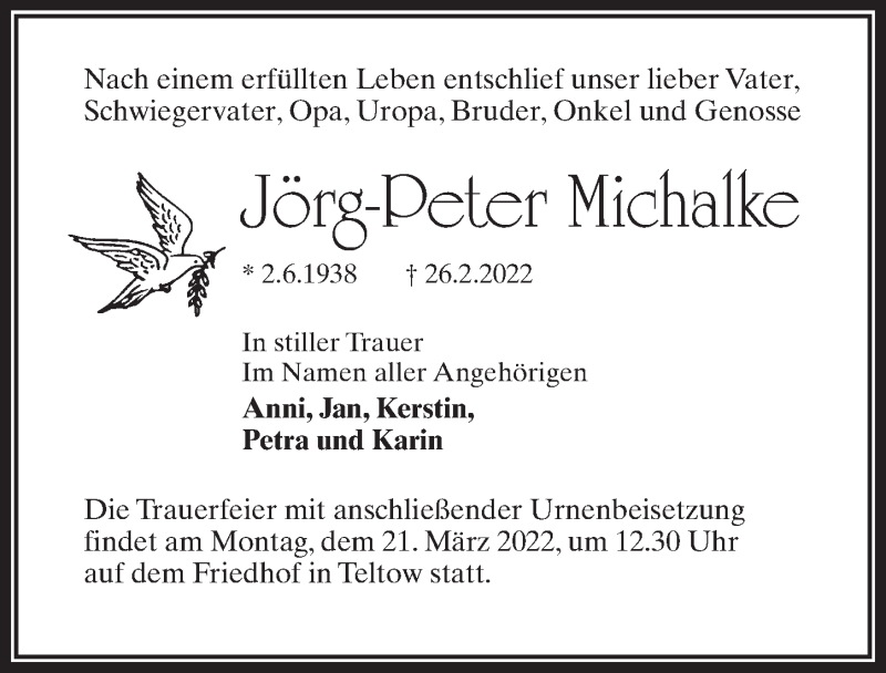  Traueranzeige für Jörg-Peter Michalke vom 12.03.2022 aus Märkischen Allgemeine Zeitung