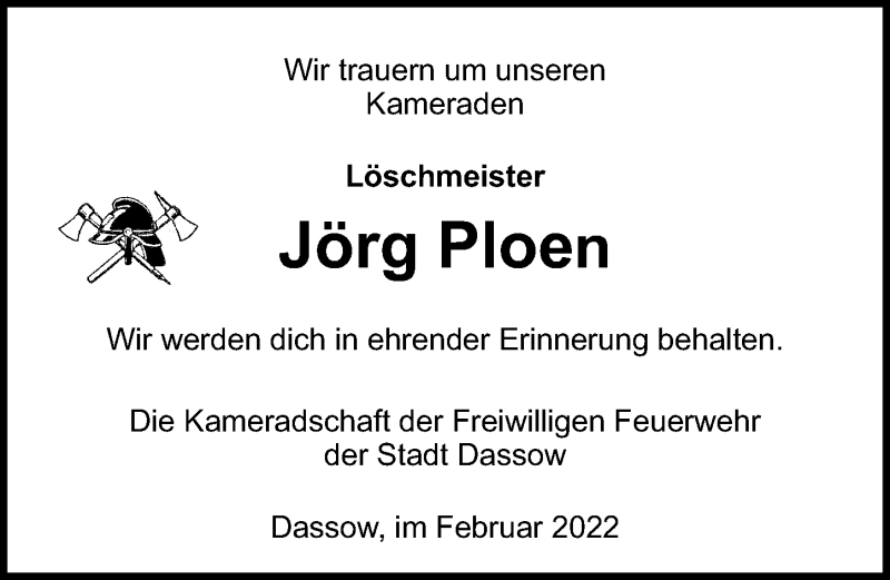  Traueranzeige für Jörg Ploen vom 26.03.2022 aus Ostsee-Zeitung GmbH